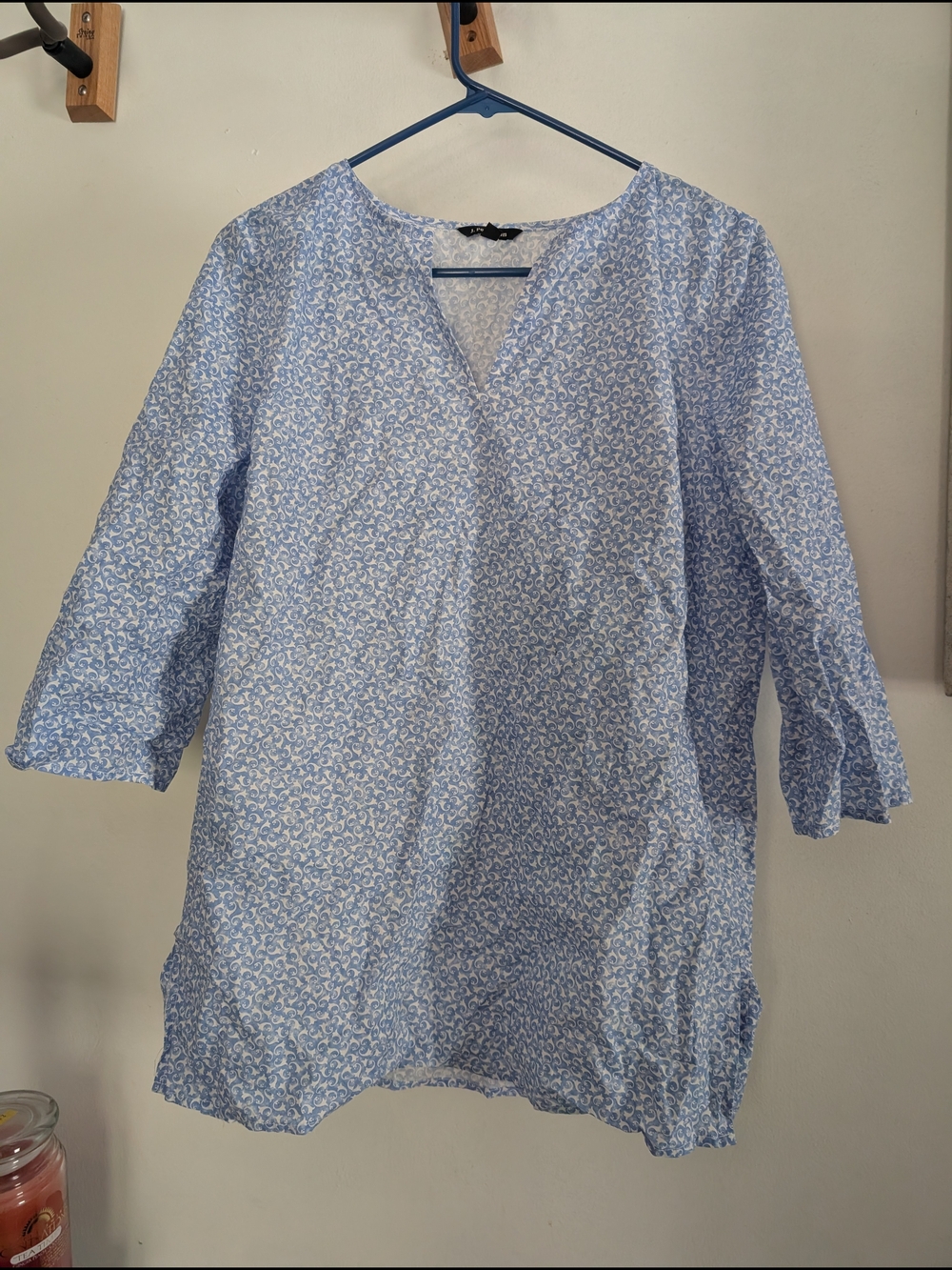 J. Peterman Light Blue Printed V-Neck Tunic Top